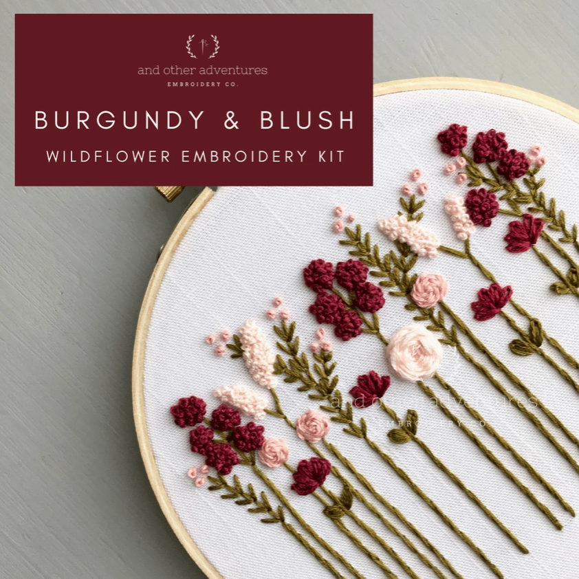 Beginner Embroidery Kit - Burgundy & Blush Wildflowers